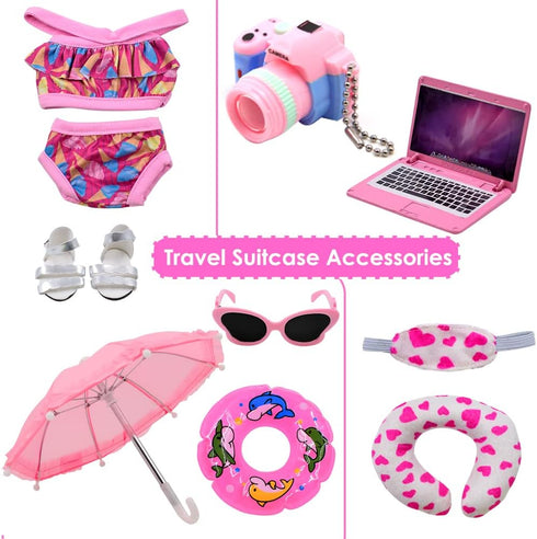 American Doll Travel Suitcase Play Set for Girl 18 Inch Doll, Travel Carrier Luggage Doll Clothes Sunglasses Camera Laptop Pillow, Pretend Play To...