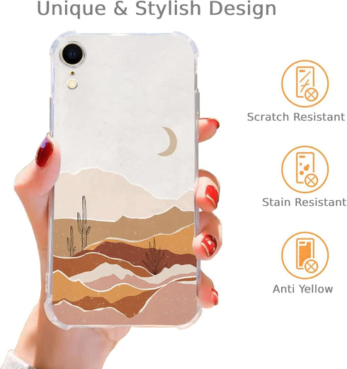 Boho Minimalist Moon Cactus and Desert Case Compatible with iPhone XR, Pastel Beige Brown Aesthetic Landscape Art Case for iPhone XR for Teen Men ...