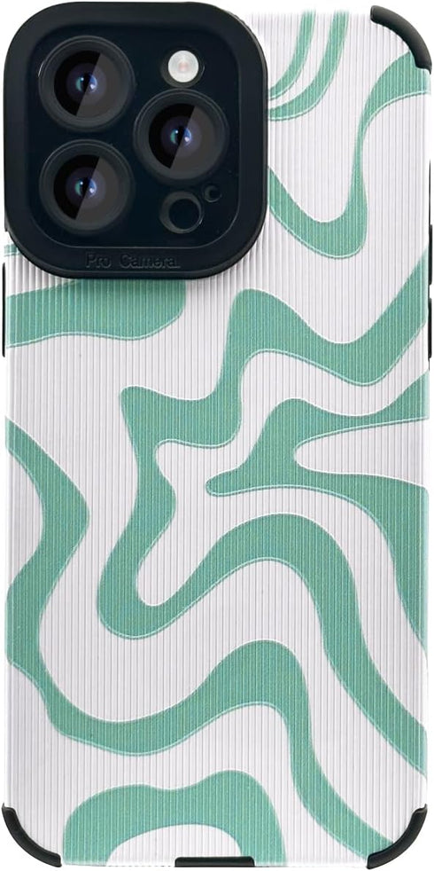 for iPhone 13 Pro Max Case for Women Cute Green White Wave Design Slim Protective Shockproof Phone Case PU Leather TPU Back Case for iPhone 13 Pro...