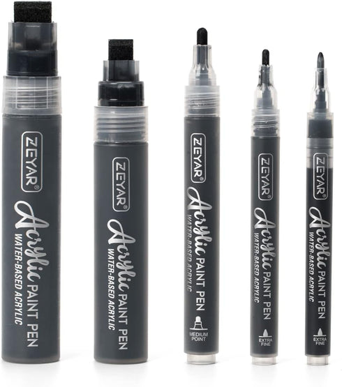 ZEYAR Acrylic Paint Marker Pens, 5 Different Point: Extra Jumbo Felt(15mm),Jumbo Felt(10mm), Medium Bullet(2-3mm), Fine(1mm), Extra Fine(0.7mm) (5...