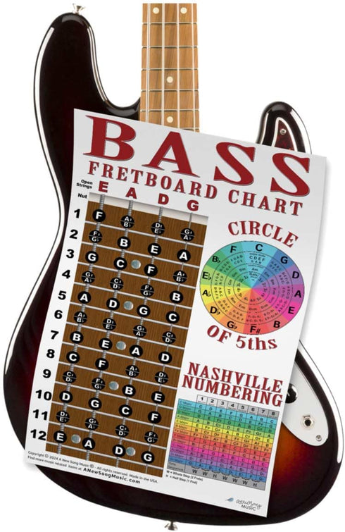 4 String Bass Instructional Chart with Fretboard Notes Poster - Nashville Numbering System - Circle of 5ths | A New Song Music | 11"x17"...