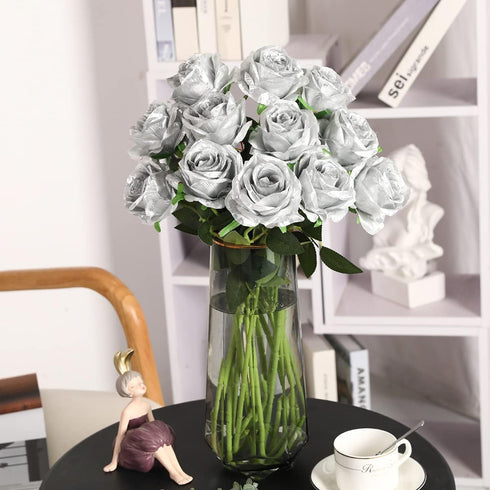 JUSTOYOU 10Pcs Artificial Roses Flowers, Realistic Blossom Roses, Real Touch Silk Rose, Single Fake Flower Long Stem Bouquets for Home Wedding Par...
