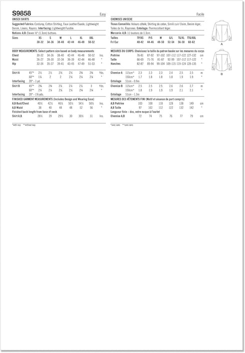 Simplicity Easy Unisex Shirts Sewing Pattern Packet, Design Code S9858, Sizes XS-S-M-L-XL-XXL, Multicolor...