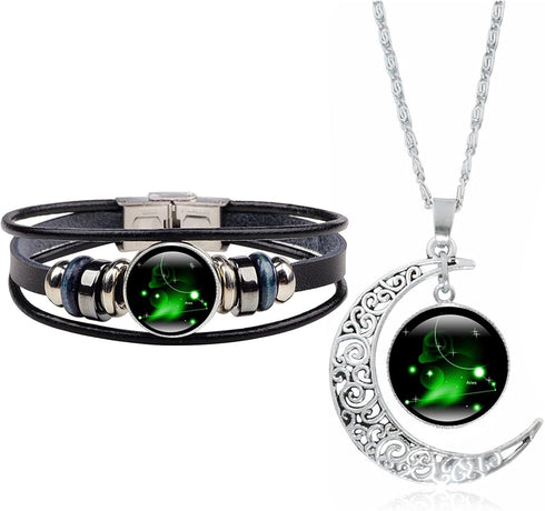 2 Pcs Zodiac Necklace Bracelet Gift for Men Constellation Necklace Astrology Galaxy & Crescent Moon Necklace Leather Constellation Bracelet for Me...