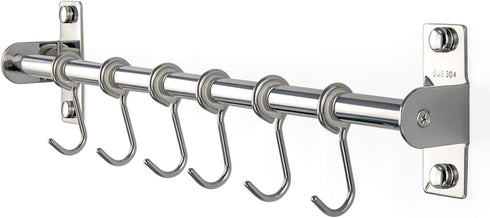 Sliding Hooks, Wall Mounted Rail, Stainless Steel Utensil Holder and Pot Lid Rack for Kitchen Tools, Towel, Pot Pan, Loofah, Spoon - Polished Fini...