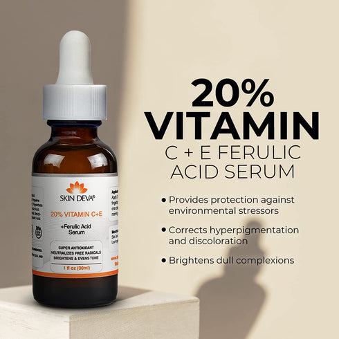 SKIN DEVA 20% Vitamin C Serum for Face with Vitamin E Plus Ferulic Acid Skincare Serum 1 fl oz 30 ML Rejuvenates Skin to Fresh & Neutralizes Free ...