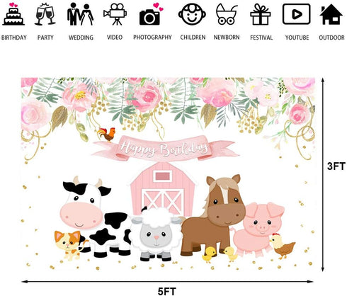 Lofaris Pink Farm Animals Birthday Backdrop - Barnyard Theme Background for Little Princess Birthday Party Decorations - Cute Farmhouse Flower Gir...