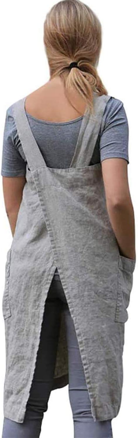 Cotton Linen Apron for womens Cross Back Apron Pinafore Dress for Baking Cooking Gardening Work...