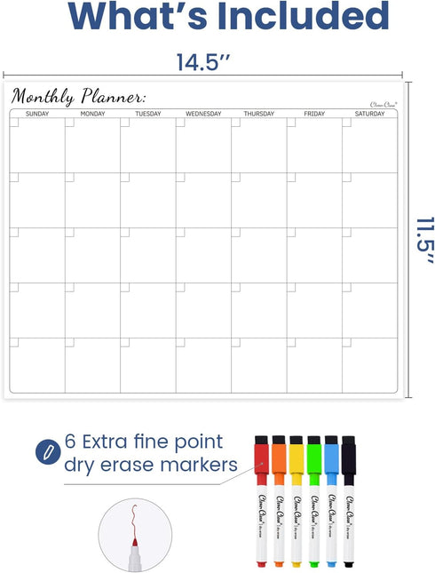 Clever Clean Non-Magnetic Dry Erase Calendar for Fridge, Reusable Calendar with 6 Dry Erase Markers, Whiteboard Calendar Sticks to Any Smooth Surf...