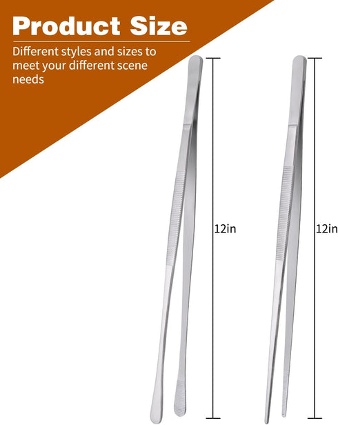 Fine Tweezer Tongs, 2pcs Cooking Tweezers, 12'' Stainless Steel Food Tweezers, Extra-Long Tweezer with Round and Straight Tips for Baking, Decorat...