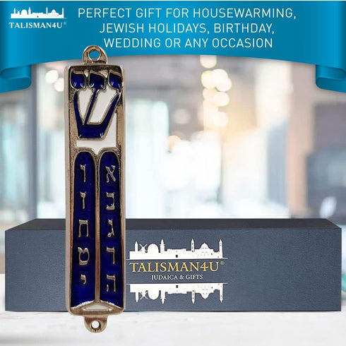 TALISMAN4U Ten Commandments Mezuzah with Scroll Silver Tone Blue Enamel Israel Door Mezuza 3.5 Inch...
