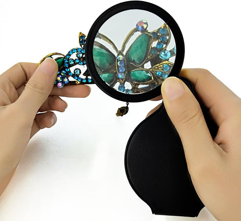 6X Mini Pocket Magnifying Glass Folding Pocket Magnifier Loupe with Rotating Protective Holster Leather Pouch for Reading,Science Class,Hobby (Bla...