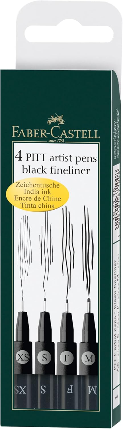 Faber-Castell Pitt Artist Pen 167115 India Ink Pens Pack of 4 M F S XS Black...
