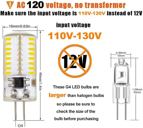 110V- 130V G4 LED Bulb Dimmable Cool White 6000K (Not Low Voltage 12V) 3W 20W 30W Halogen Equivalent Bi-Pin Base Lamp (Pack of 10)...