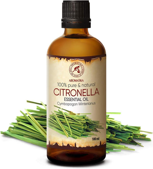 Citronella Essential Oil 3.4 Fl Oz (100ml) - Glass Bottle - Cymbopogon Winterianus - 100% Pure & Natural Citronella Oil for Massage - Sauna - Cosm...