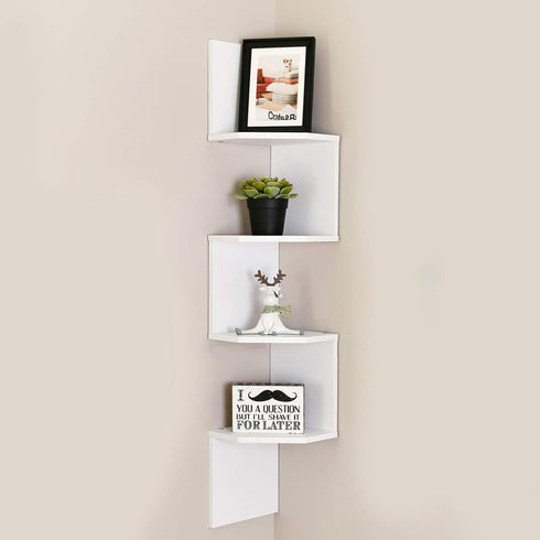 WELLAND Zig - Zag Floating Corner Shelves, 4-Tier Wall Mounted Storage Shelf with White Finish for Bedroom, Living Room, Bathroom, Display Shelf f...