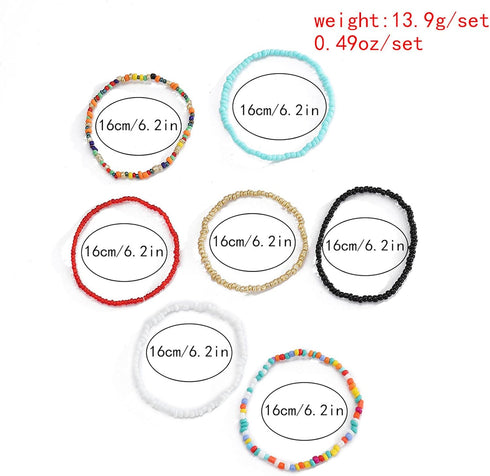 Caiyao 7Pcs Bohemian Layered Handmade Beads Chain Anklets Bracelet Set Colorful Boho Strenthy Elastic Stacking Ankle Foot Hand Jewelry for Women G...