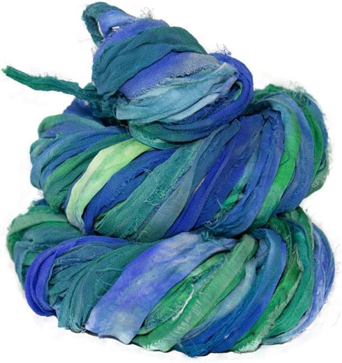 Super Bulky Recycled Sari Silk Ribbon Yarn in Blue Galaxy | 50 GMS - 30 Yards | Duppioni Silk Ribbon | Taffeta Silk Ribbon (Pack of 1)......