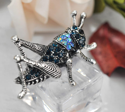 Gyn&Joy Blue Crystal Rhinestones Grasshopper Jump Cricket Insect Brooch Pin...