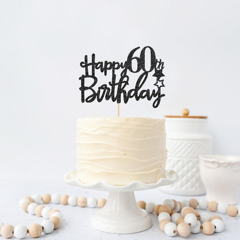 Black Glitter Happy 60th Birthday Cake Topper for Women Men, Hello 60th Anniversary, Cheers to 60 Years Party Decorations...