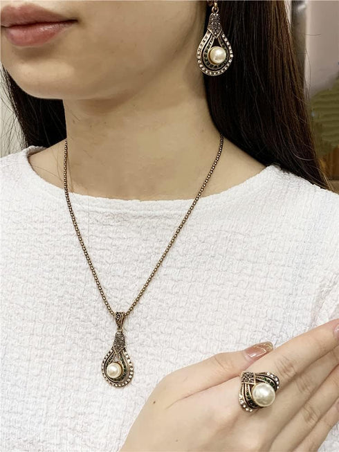 Dtja Vintage CZ Pearl Earrings Teardrop Pendant Necklace Jewelry Set for Women Girls Gold Plated Faux Pearls Boho Wedding Cocktail Party Christmas...