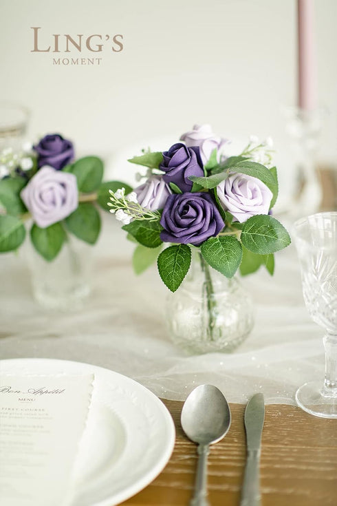 Ling's moment Artificial Wedding Flowers 1.5" Rose Buds and 2" Petite Roses 25pcs Lilac & Purple w/Stem for DIY Wedding Boutonniere Wrist Corsages...