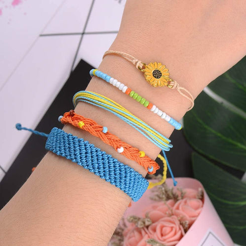 SUNSH 5PCS Boho Woven Sunflower Bracelets for Women Couple Handmade Wrap Rope Charm Beach Surf Braided Adjustable Strings Boyfriend Girlfriend Mot...