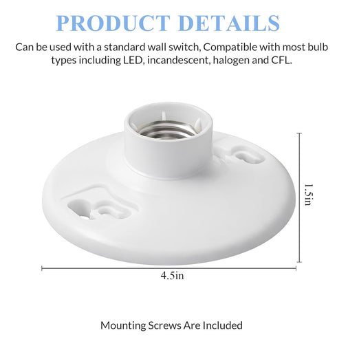 4 Pcs 660w 250v Medium Base E26 Lampholder 1-piece Keyless Top Lamp Holder Ceiling Light Sockets White Phenolic Bulb Socket Incandescent Fluoresce...