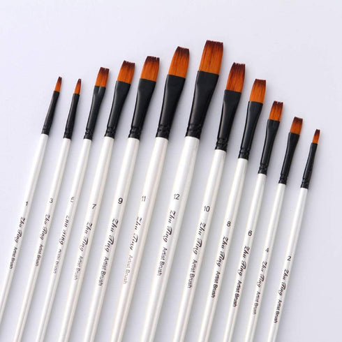 Flat Head Paintbrush Set Nylon Hair Paint Brush Set for Acrylic Oil Watercolor Painting Artist Professional Painting Kits (12pcs Pearl White Flat ...