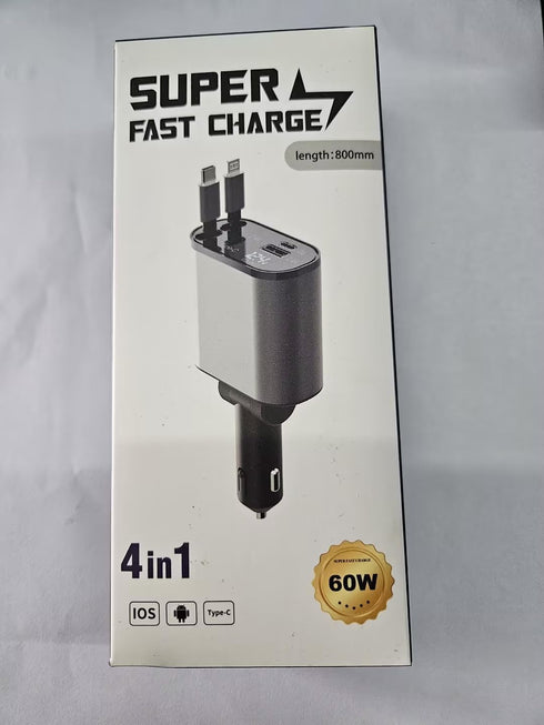 Retractable Car Charger, 4 in 1 Fast Charging Car Charger 60W, Retractable Cable and 2 USB Ports Car Charger Adapter Compatible with iPhone 15 14 ...