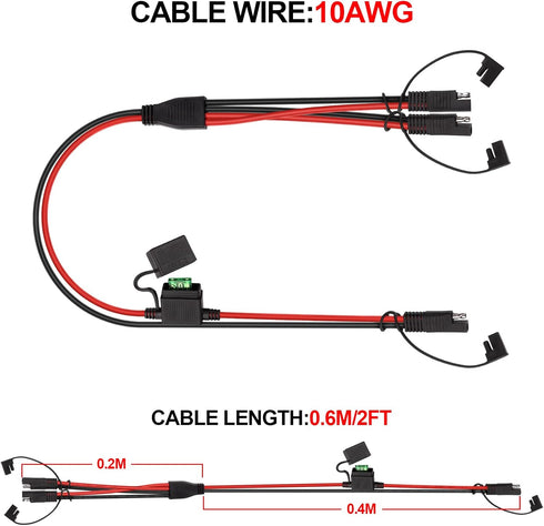 iGreely 10 Gauge SAE Spliiter Extension Cable with SAE Polarity Reverse Adapter 1 to 2 Splitter Connector with Inline Fuse Holder 30A for Solar Pa...