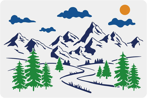 Large Mountain Forest Stencils Forest Landscape Stencil Template 23.6×15.7inch Sun Cloud Tree River Painting Stencils Reusable DIY Art Decoration ...