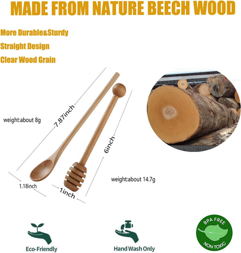 2pcs 6inch Honey Dipper Stick,2pcs 7.87inch Long Handle Coffee Stirring Spoons,Beech Wooden Honey Jar Spoons Stirrer,Dessert Iced Tea Cocktail Mix...