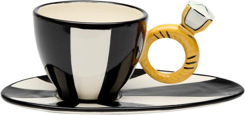 Black and White Cup and Saucer Featuring Ring Holder, 3-1/4-Inch, 8-1/8-Inch Long...