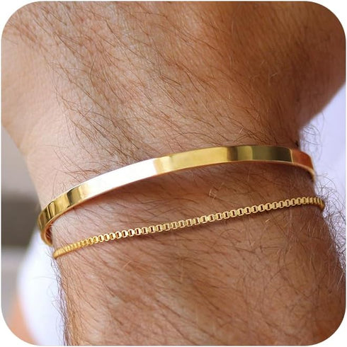 Moodear Stackable Bracelets for Men - Dainty 925 Sterling Silver/14K Gold Plated Cuff Snake Box Cuban Link Chain Bangle Bracelet Set Mens Jewelry...