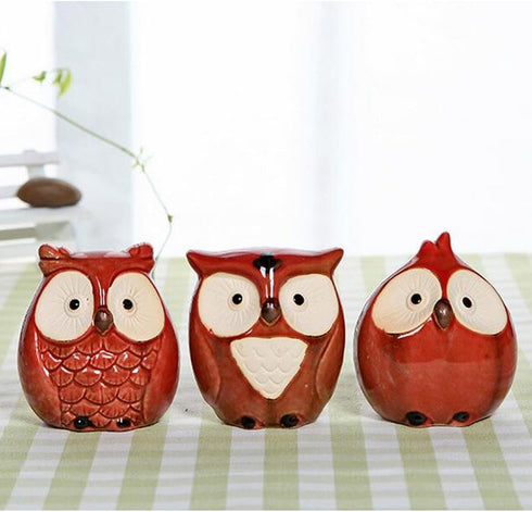 WOMHOPE® Set of 3 pcs - Small Wise Owls Figurine House Warming Gift Tabletop Shelf Ceramic Home Decorative Collectible Figurine Statues (Red (Set ...