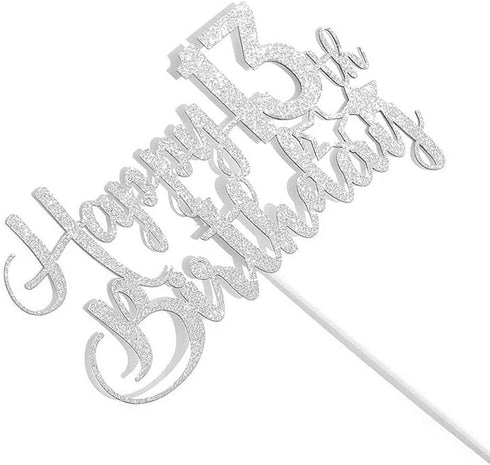 Silver Glitter Happy 13th Birthday Cake Topper - 13th Birthday Cake Topper, 13th Birthday Party Decoration...