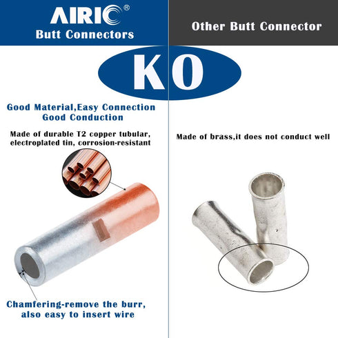 AIRIC Non Insulated Butt Connectors 100pcs 16-14 Gauge Electrical Wire Seamless Uninsulated Butt Connectors Crimp Ferrule Terminals...