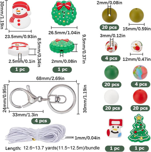 SUNNYCLUE Christmas Keychain Making Kit Slicone Christmas Beads Winter Tree Snowman Sock Silicone Bead 15mm Green Red Round Silicone Beads Spacer ...