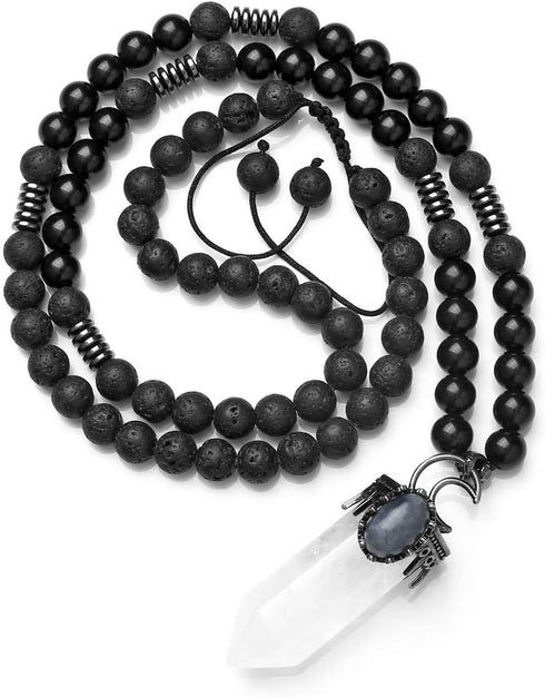 Top Plaza Natural Stone Healing Crystal Clear Quartz Hexagonal Pointed Gemstone Pendant Necklace Crescent Moon Jewelry Adjustable Lava Rock Beads ...