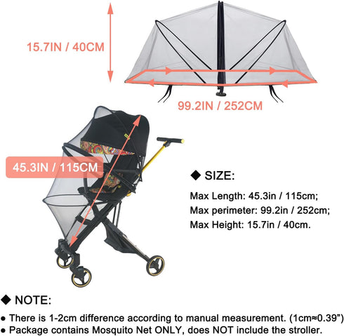 Stroller Mosquito Net Cover, High Density Bug Net Cover with Dual Zippers Universal & Breathable Insect Net for Strollers with Pushing Bar (Black)...