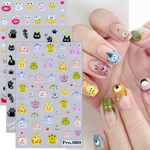 6 Sheets Nail Art Sticker Decals 5D Embossed Nail Art Supplies Self-Adhesive Nail Art Decoration Cartoon Monsters Black Cats Panda Design Manicure...