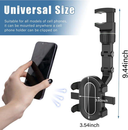 Car Rearview Mirror Phone Holder, 360 Degree Adjustable Multifuctional Auto Rear View Mirror Phone Mount, Universal Vehicle Phone Holder for All M...