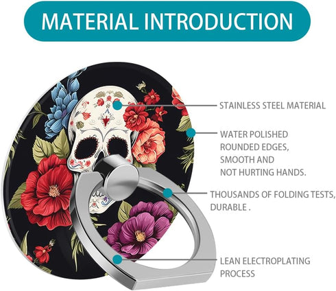 Cell Phone Ring Holder Grip, Flower Floral Rose Horrible Cool Skull Finger Ring Stand 360 Degree Rotation Universal Cell Phone Back Hand Grip Fing...