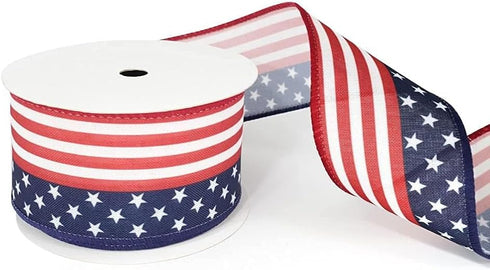Patriotic America Flag Ribbons 2.5" * 10 Yards, Patriotic Stars and Stripes 4th of July Wired Edge Burlap Ribbon, White, Red, Blue Ribbon for Labo...