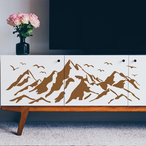 3pcs Mountain Stencil 33×10.9inch Splicing Style Mountain Bird Template with Paint Brush Reusable Mountains Landscape Stencil for DIY Wall Art Fur...