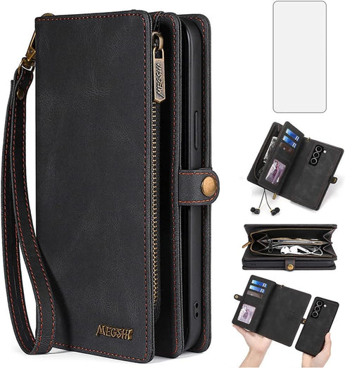 Asuwish Phone Case for Samsung Galaxy S23 5G Zipper Wallet Detachable Cover with Tempered Glass Screen Protector and Leather Flip Card Holder Cell...