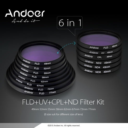 Andoer 55mm UV+CPL+FLD+ND(ND2 ND4 ND8) Filter Kit Ultraviolet Circular-Polarizing Fluorescent Neutral Density Filter for Nikon Canon Sony Pentax D...