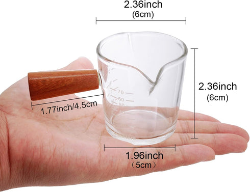Double Spouts Measuring Cup with Wooden Handle Heat-Resistant Espresso Shot Glasses 3.5oz Mini Sauce Pitcher for Milk Coffee Tea Wine Cocktail...