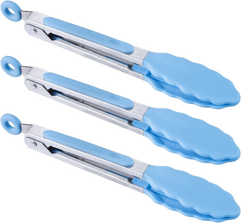 MSY BIGSUNNY Kitchen Food Tongs - 7" Mini Silicone Serving Tongs - Set of 3 (Blue)...